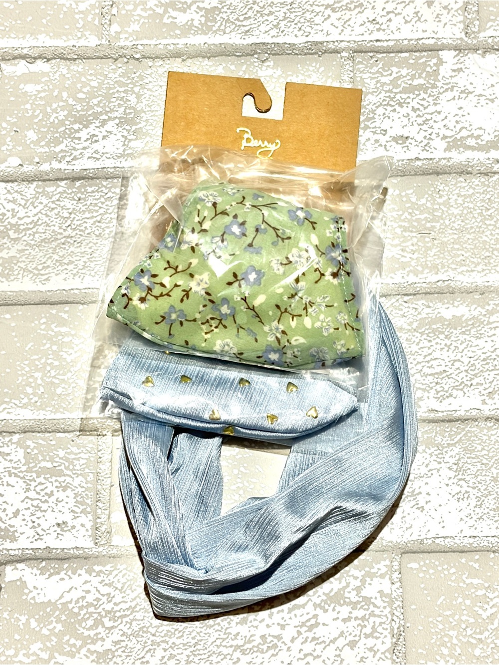 Berry Floral Green Face Mask & Light Blue Mask and Headband Set NEW